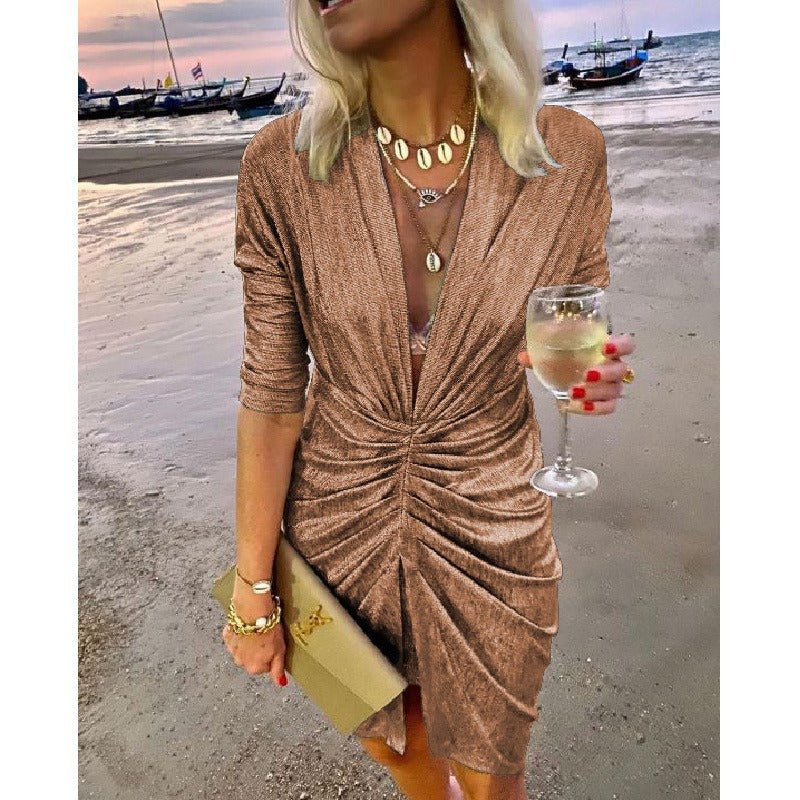 V-Neck Pleated Long Sleeve Loose Party Bright Dress