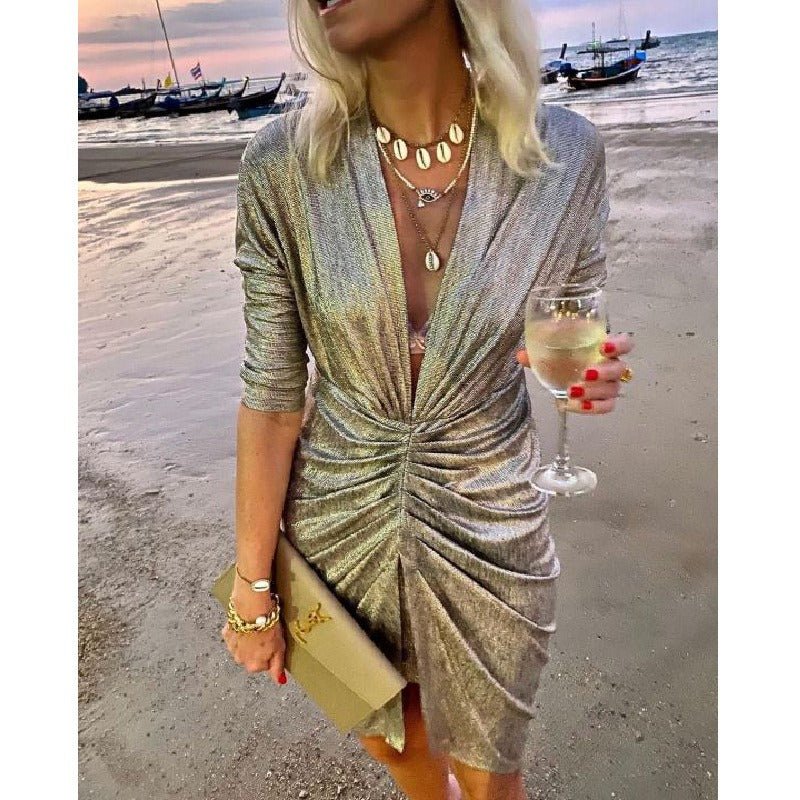 V-Neck Pleated Long Sleeve Loose Party Bright Dress