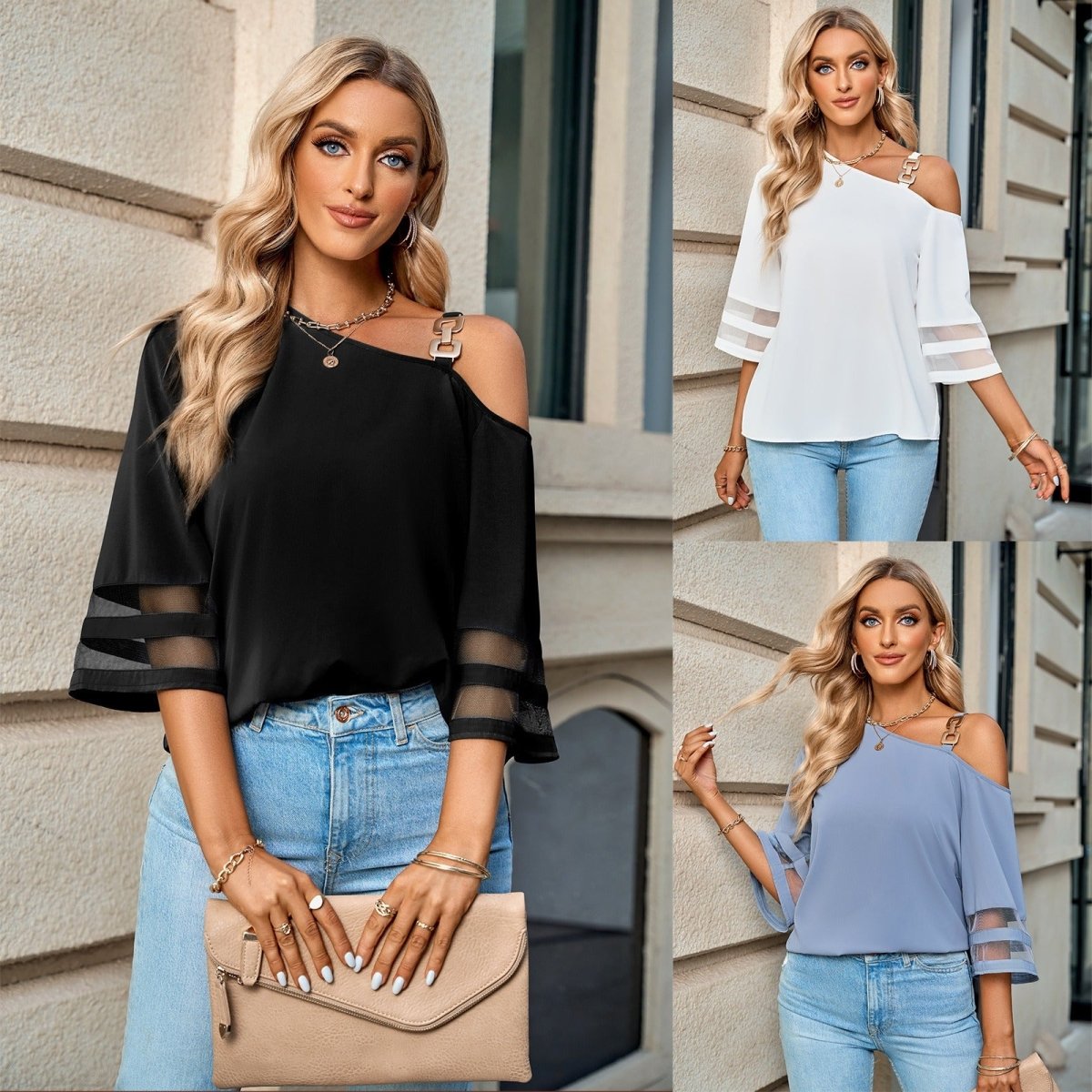 Women's Casual Solid Metal Button One Shoulder Blouse