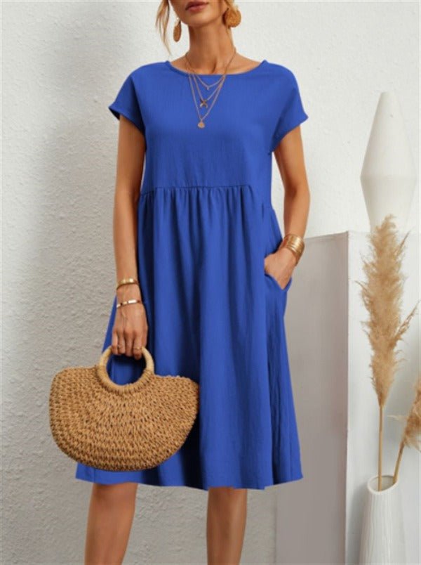 Women's Cotton Linen Round Neck A-Line Dress