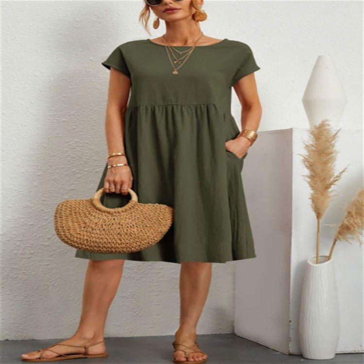 Women's Cotton Linen Round Neck A-Line Dress