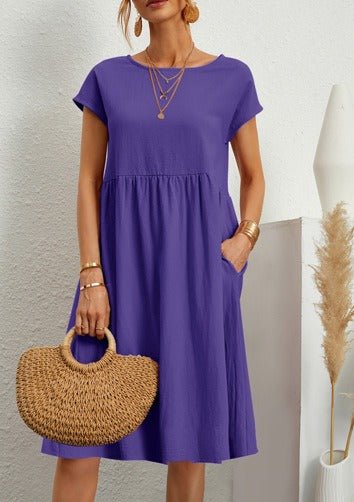 Women's Cotton Linen Round Neck A-Line Dress