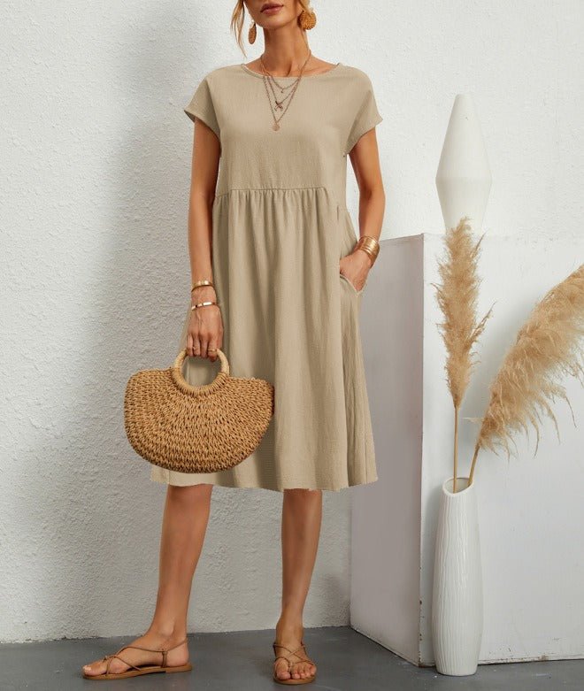 Women's Cotton Linen Round Neck A-Line Dress