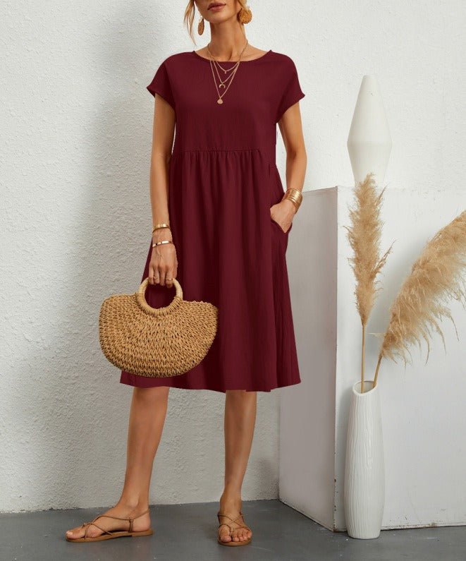 Women's Cotton Linen Round Neck A-Line Dress