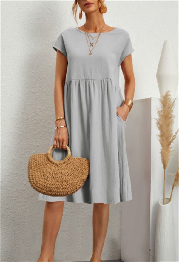 Women's Cotton Linen Round Neck A-Line Dress