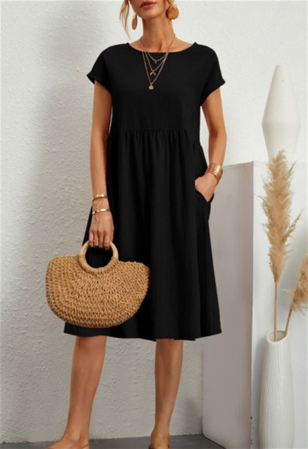 Women's Cotton Linen Round Neck A-Line Dress