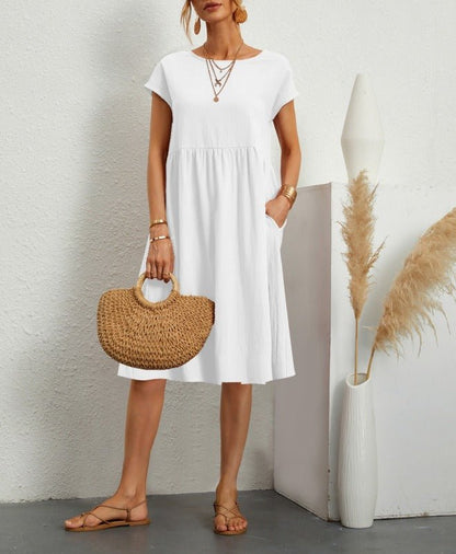 Women's Cotton Linen Round Neck A-Line Dress