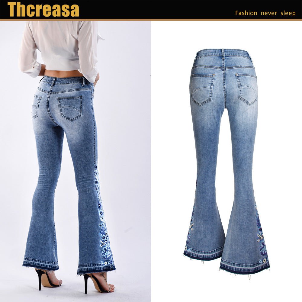 Women's Denim Flared Pants Embroidered