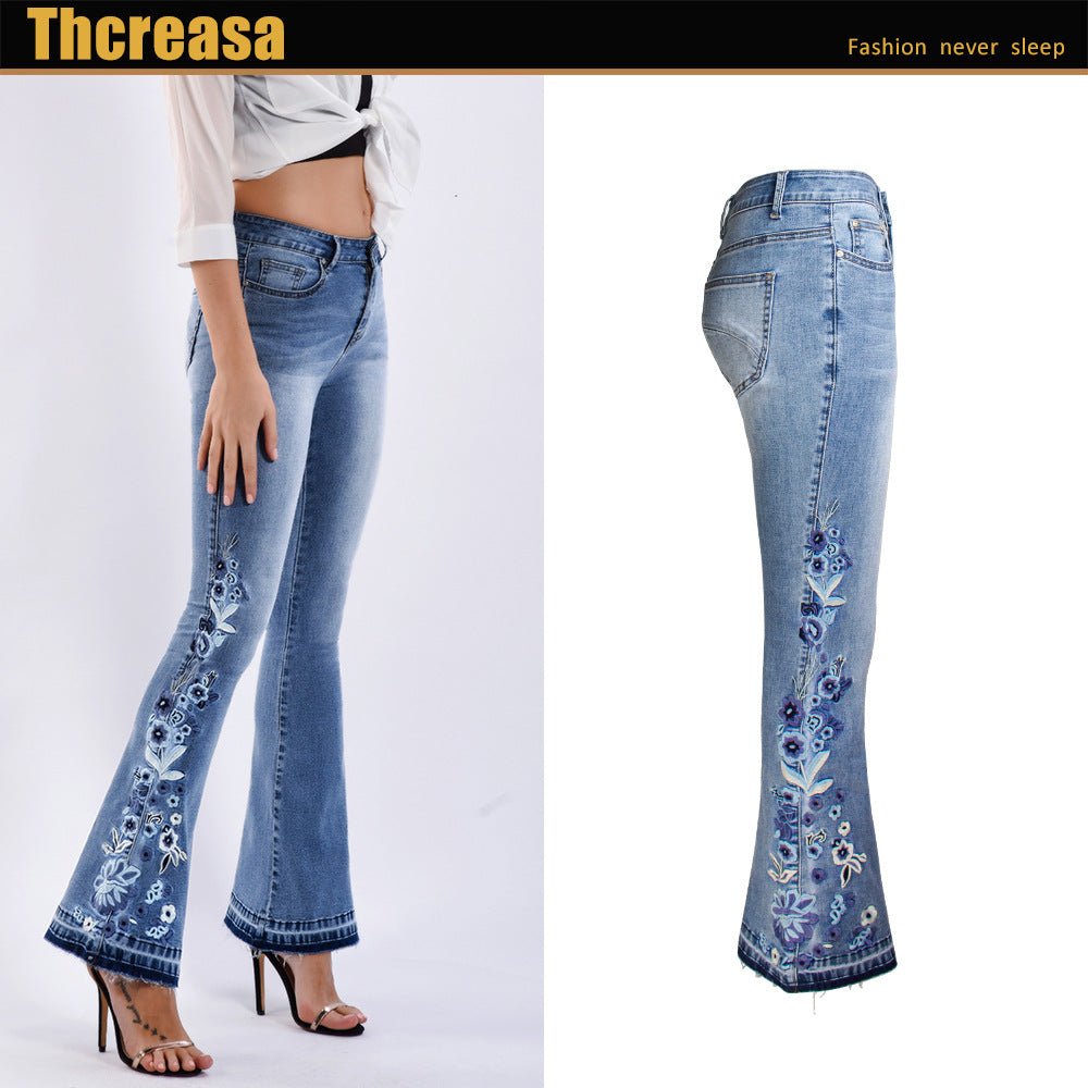 Women's Denim Flared Pants Embroidered