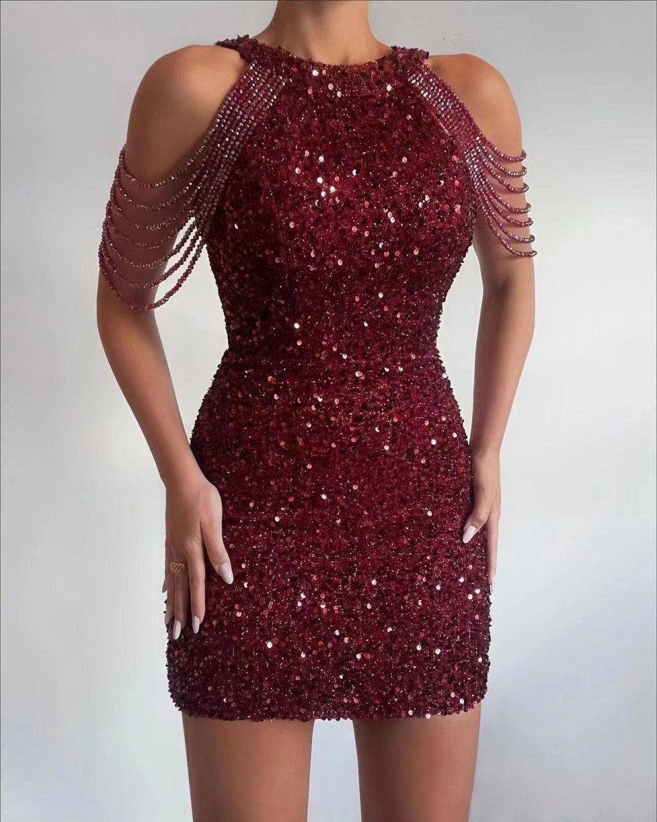 Women's Hanging Neck Crystal Tassel Package Hip Sequin Dress